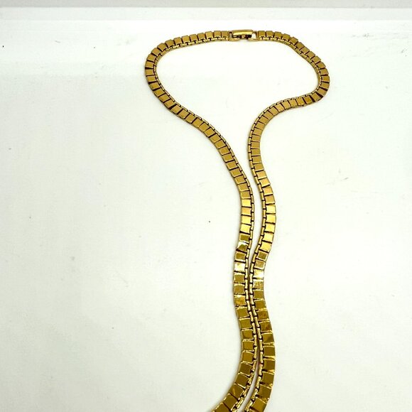 VINTAGE MONET NECKLACE GOLD TONE SQUARES COLLAR CHAIN SEGMENTED 80S SIGNED 1980S - Picture 7 of 13